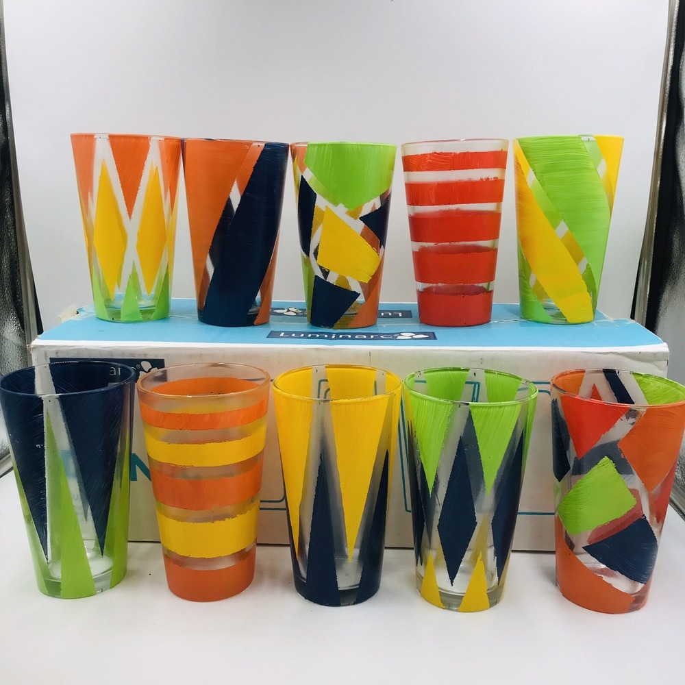 Luminarc Drink Pub Glasses 16oz. Handpainted Tea,Lemonade,Water,USA Made Set/10